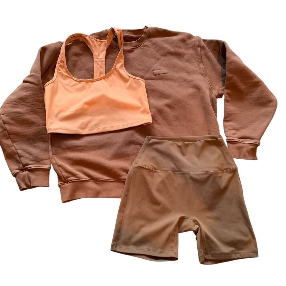 SET ACTIVE brown Old School Sweatshirt Airluxe Biker Shorts Sport Bra Set Lot sz